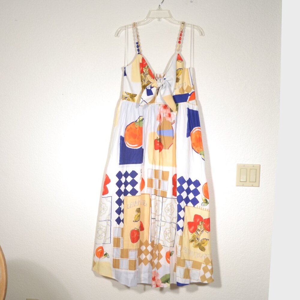 NWT CAROLINE CONSTAS TIE FRONT FRENCH FRUIT MIDI DRESS, MEDIUM